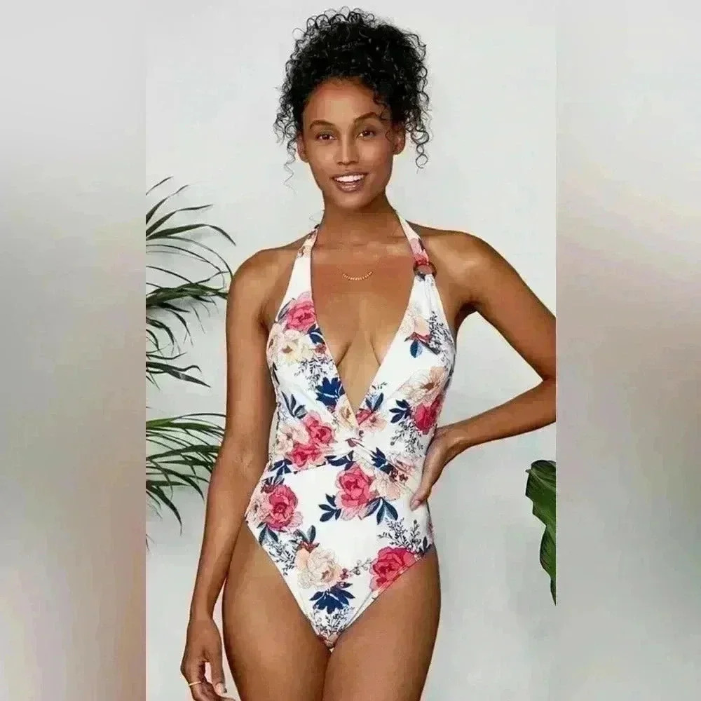 Floral print halterneck one-piece swimsuit size M